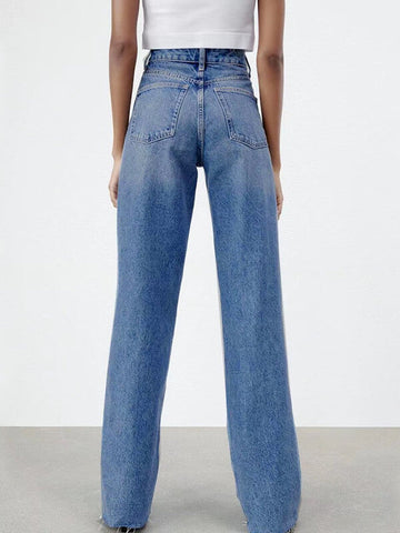 Woochic longue jeans droit larges jambes évasé déchiré troué femme mode